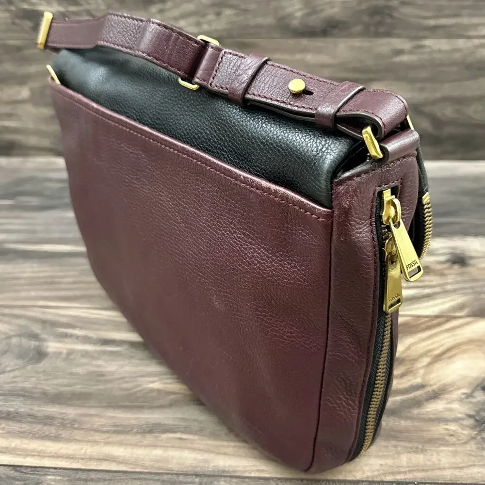 Fossil Leather Zipper Crossbody Shoulder Satchel Saddle Bag Black Burgundy - Picture 11 of 14